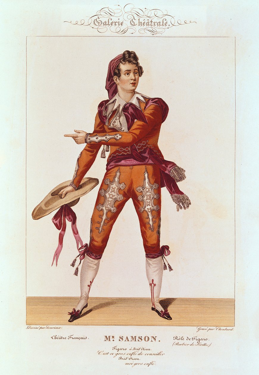 Joseph Isidore Samson (1793-1871), no papel de Figaro em "O Barbeiro de Sevilha", gravado por Choubard (fl.1810-30) de Lecurieux