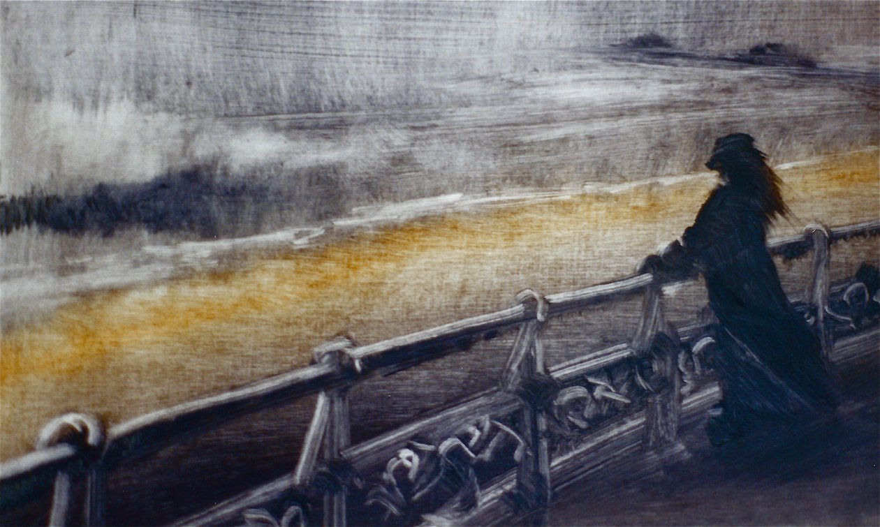 Coragem, 2001 (óleo sobre papel) Litoral ventoso, figura de Lee Campbell