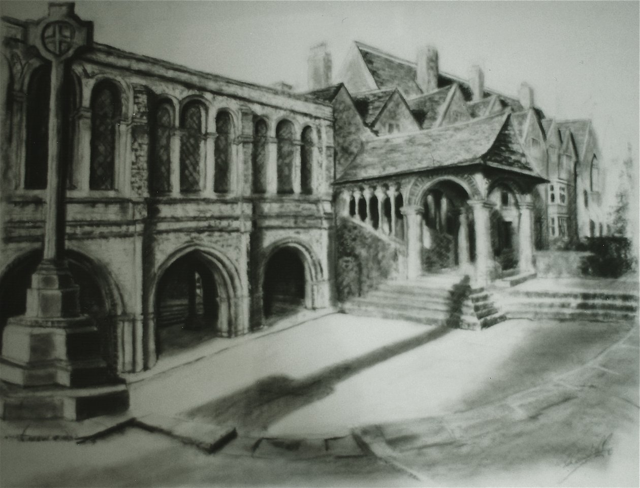 King&39;s School Courtyard, Canterbury, 2000 (carvão sobre papel) de Lee Campbell