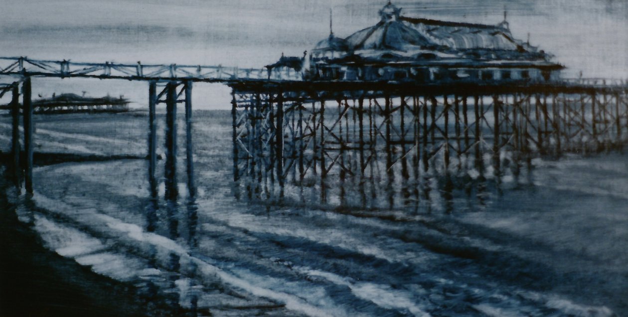 Old Pier Brighton 2001 (óleo sobre papel) ambos os pilares Brighton de Lee Campbell