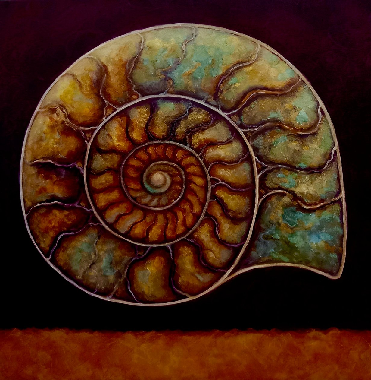 Ouro de amonite e Borgonha, 2021 (óleo sobre tela) de Lee Campbell