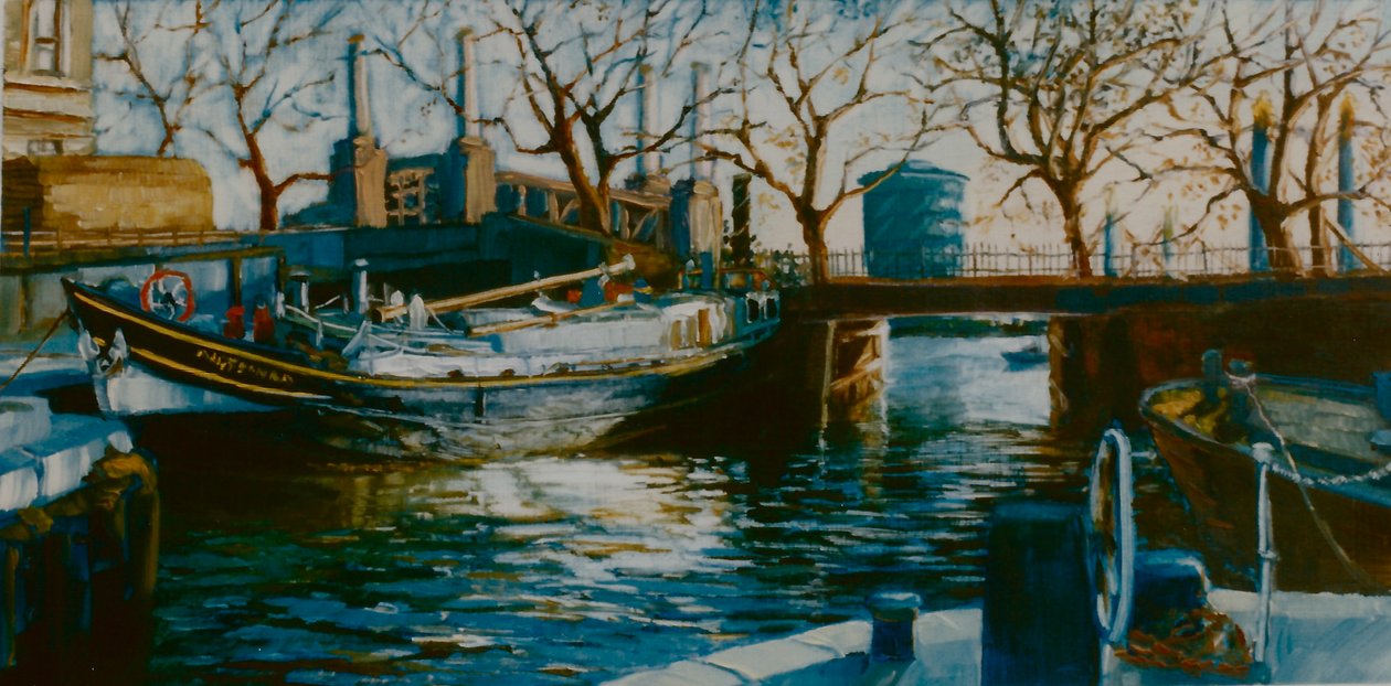 Doca grosvenor, 2001, (oil on paper), bote, amarrado, em, thames, doca de Lee Campbell
