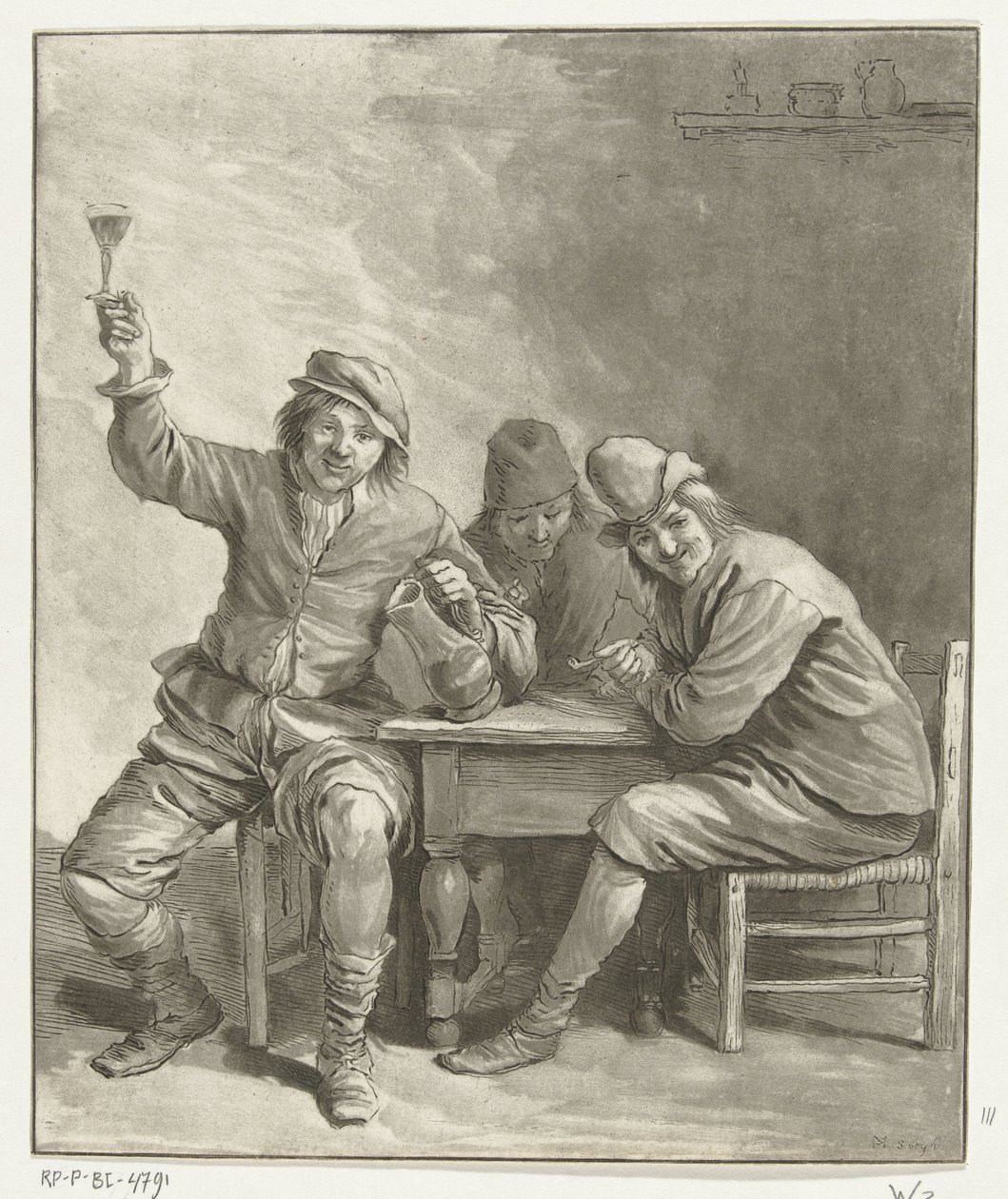 Três homens na mesa fumando e bebendo de Leendert Brasser (signed by artist)