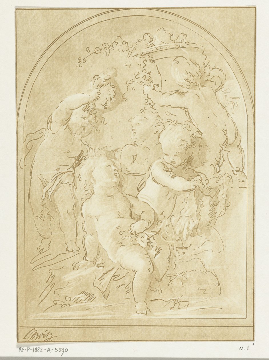 Cinco putti com flores e grinaldas por vaso de Leendert Brasser
