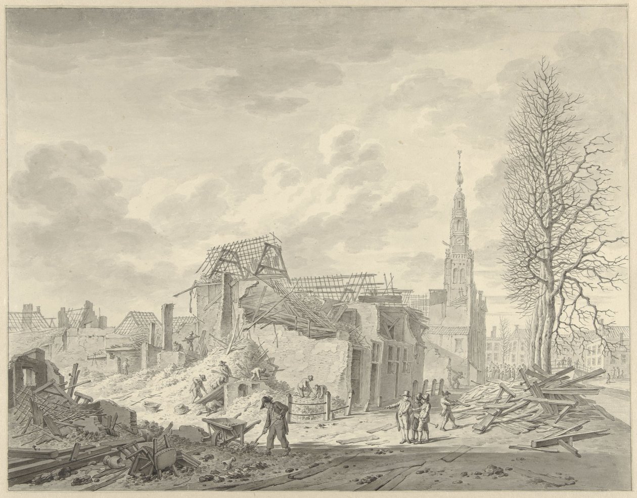 Vista do Rapenburg em Leiden após o desastre da pólvora de 12 de Janeiro de 1807 de Leendert Overbeek