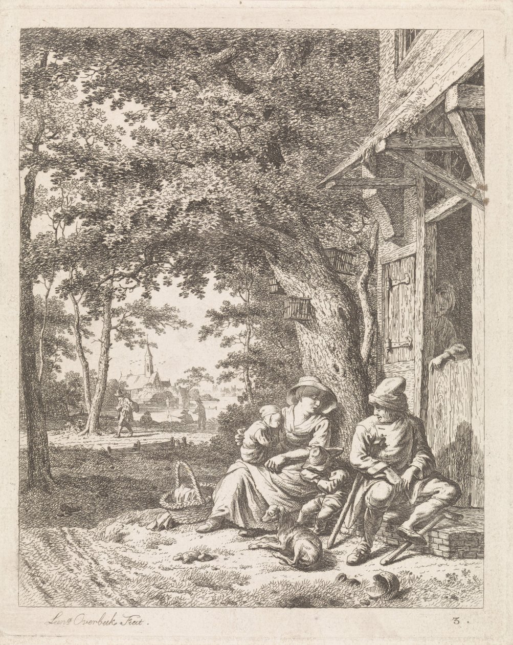 Família com cachorro, sentado em frente a uma casa Paisagens com figuras (título da série) de Leendert Overbeek