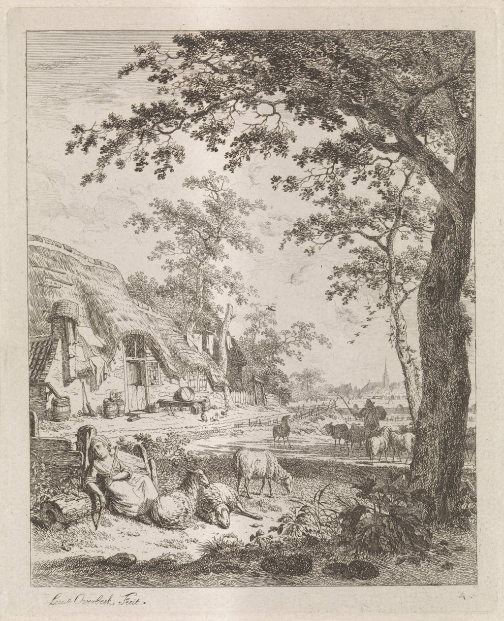 Pastora com ovelhas na frente de uma fazenda Paisagens com figuras (título da série) de Leendert Overbeek