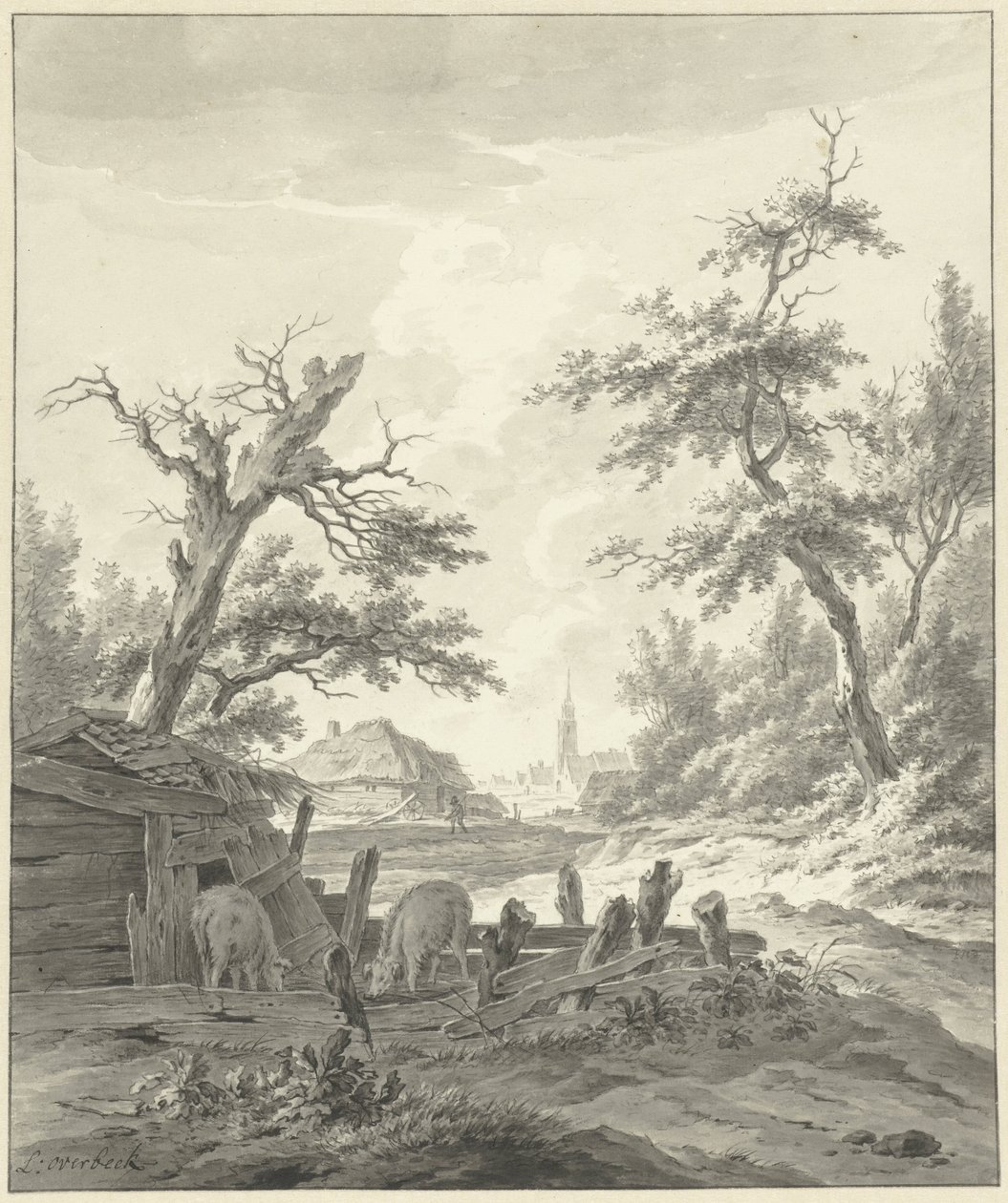 Paisagem com um curral de porcos em primeiro plano de Leendert Overbeek