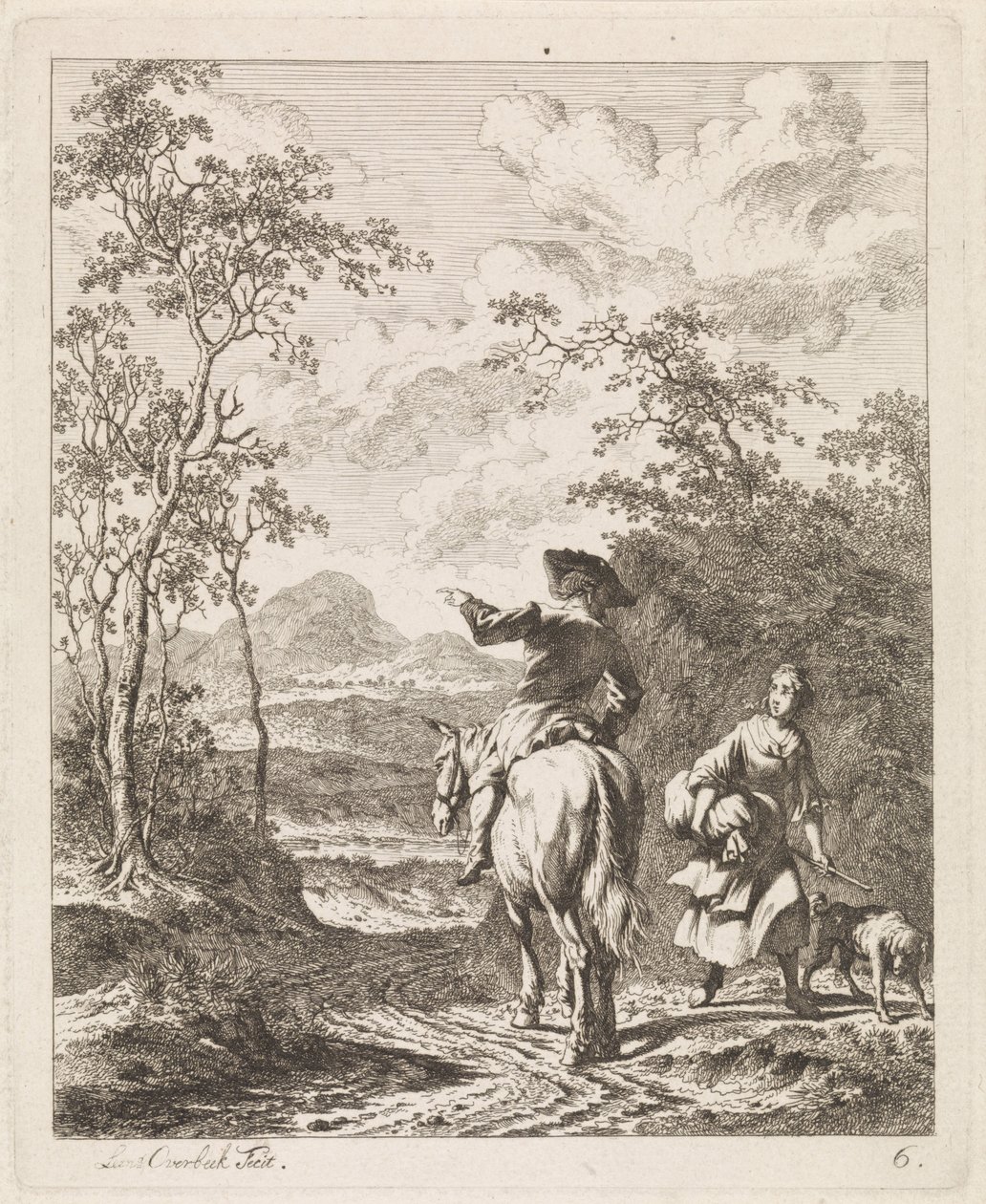 Cavaleiro a pedir instruções a uma rapariga com cão
Paisagens com figuras (título da série) de Leendert Overbeek