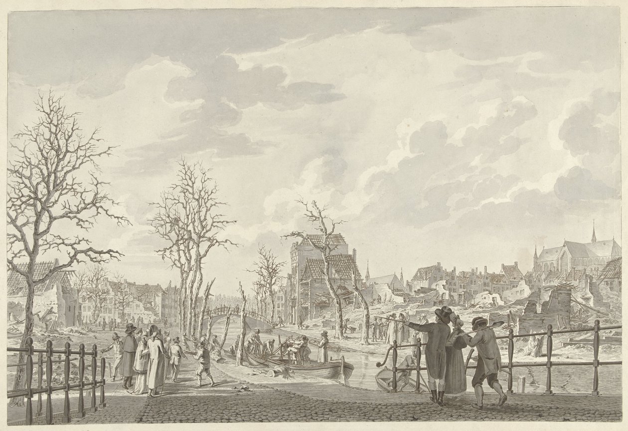 Ruínas no Rapenburg em Leiden, após o desastre da pólvora de 12 de Janeiro de 1807 de Leendert Overbeek