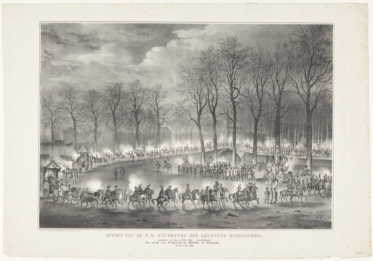 Desfile do H. H. Alunos da Leydsche Hoogeschool realizada em 9 de fevereiro de 1835, retratando a entrada de Ferdinand e Jsabella em Granada no dia 6 de janeiro. 1492 (título no objeto) de Leendert Springer (I)