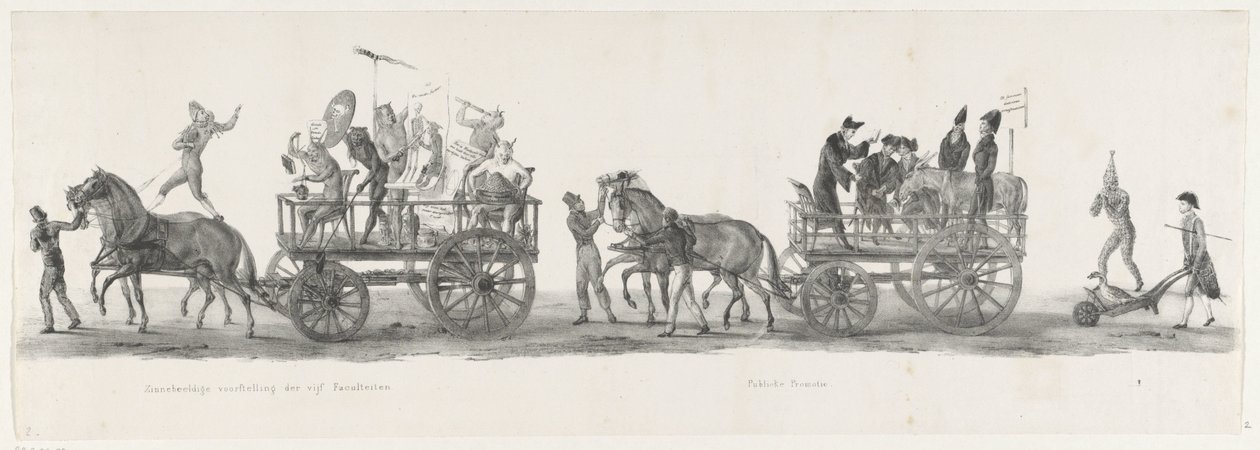 Cinco faculdades e uma promoção pública, 1835 Representação simbólica das cinco Faculdades / Promoção Pública (título no objeto) As performances individuais que a ascensão realizada por H.H. Alunos da Leidsche Hoogeschool no dia 9 de fevereiro: 1 de Leendert Springer (I)