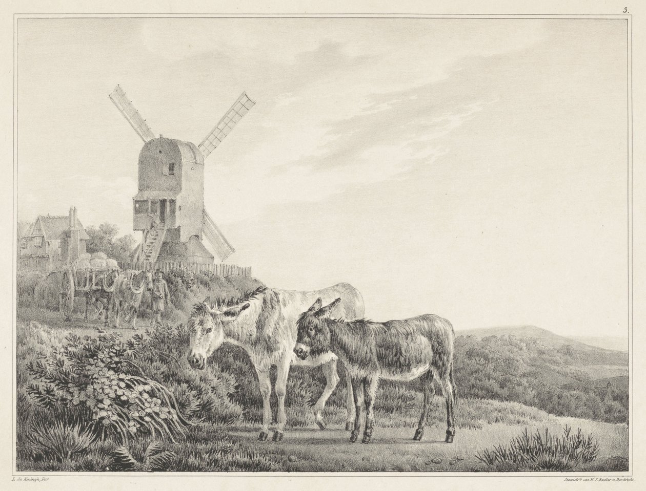 Dois burros numa paisagem perto de um moinho
Seis desenhos de pedra de L. de Koningh (título da série) de Leendert de Koningh