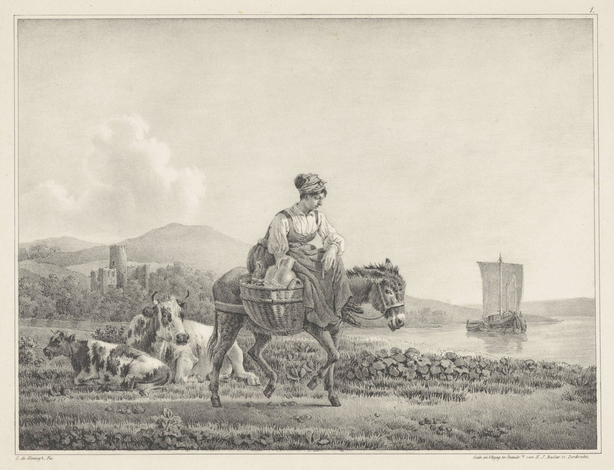 Mulher sobre burro na paisagem
Seis desenhos de pedra de L. de Koningh (título da série) de Leendert de Koningh