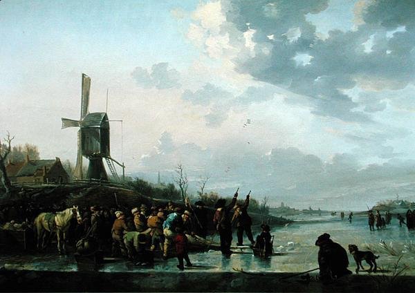 Cena de inverno, rio congelado com patinadores (óleo sobre painel) de Leendert de Koningh