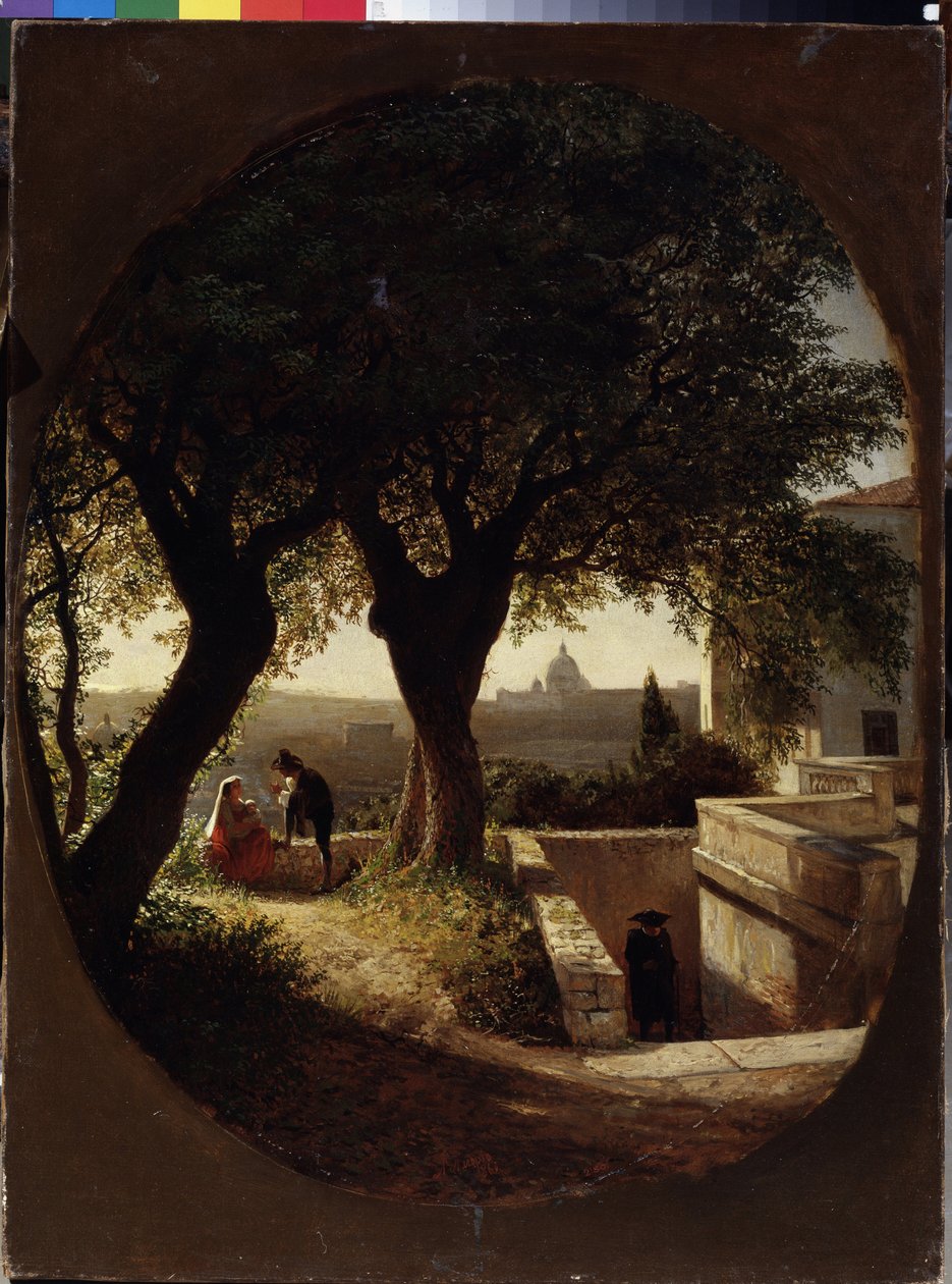 Perto de Roma (Itália). Uma mulher sentada debaixo de algumas árvores com um bebé nos braços está a ouvir um homem a usar um chapéu e uma capa. Outro homem está a aproximar-se das escadas. Pintura de Lev Felixovich Lagorio (1827-1905), de Lef Feliksovich Lagorio