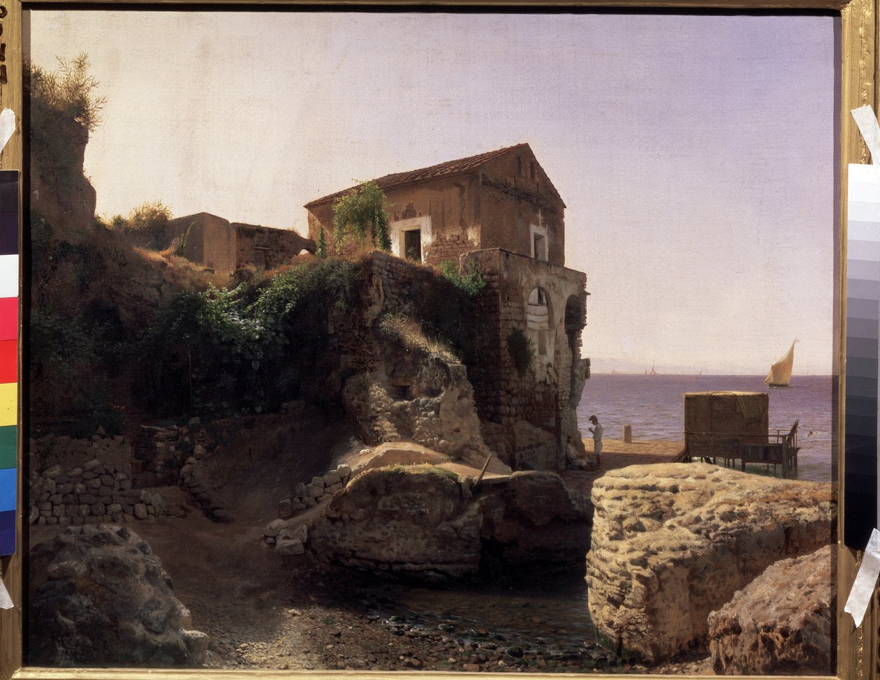 Na ilha de Capri (Itália) Casa do pescador. (Na ilha de Capri, Casa do Pescador). Com descrição de um barco de pesca no mar e o pontão tradicional para atracar. Pintura por Lev Felixovich Lagorio (1827-1905), óleo sobre tela de Lef Feliksovich Lagorio