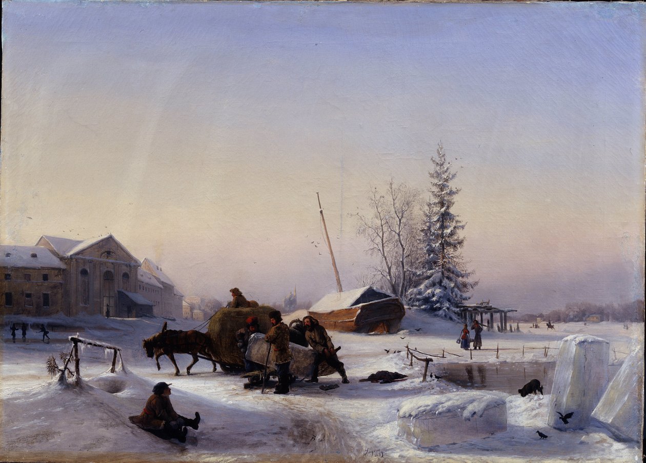 Transporte de gelo, vista de inverno da antiga vila de vinho na ilha de Vasily, em São Petersburgo. Cortar e transportar blocos de gelo em um engate de Lef Feliksovich Lagorio