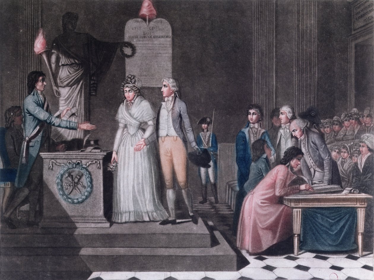 Prefeito conduzindo um casamento republicano durante o período da Revolução Francesa, c.1795 (gravura colorida) de Legrand