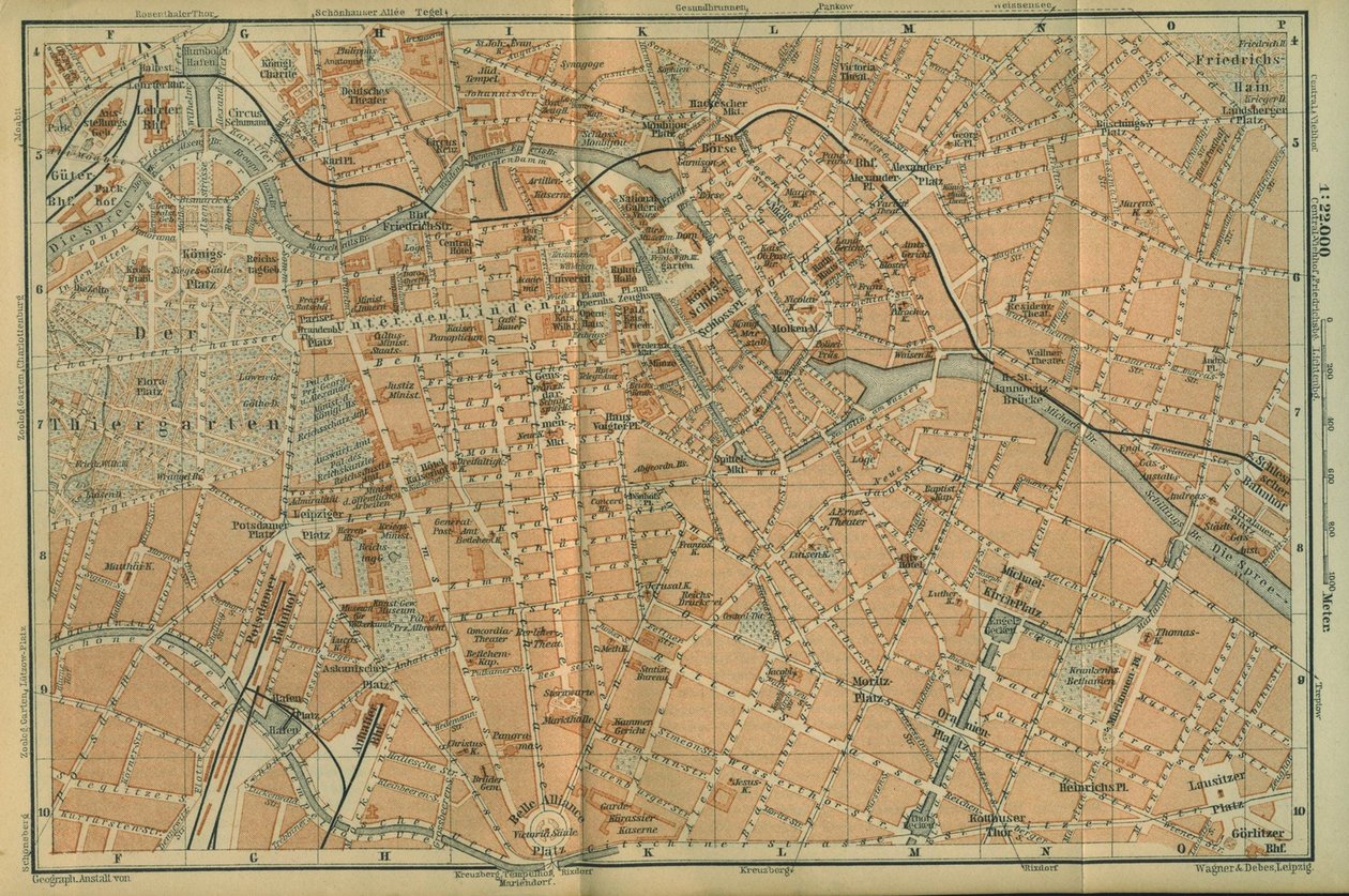 Mapa do Centro de Berlim, de um guia de viagem do nordeste da Alemanha de Baedeker, 1892 de Leipzig Wagner and Debes