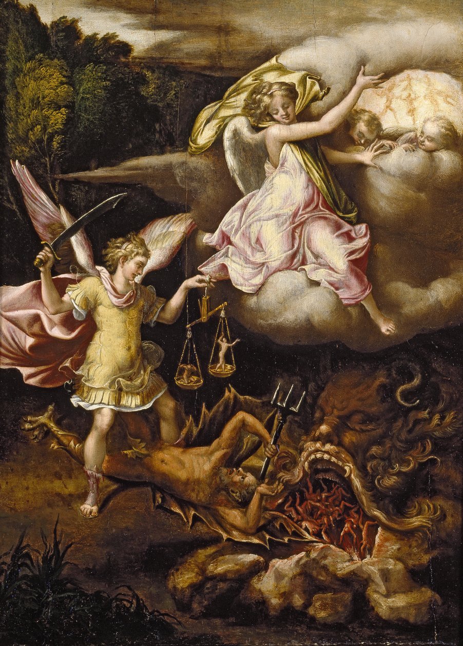 São Miguel subjugando Satanás e pesando as Almas dos Mortos, c. 1540 - 1549 de Lelio Orsi da Novellara