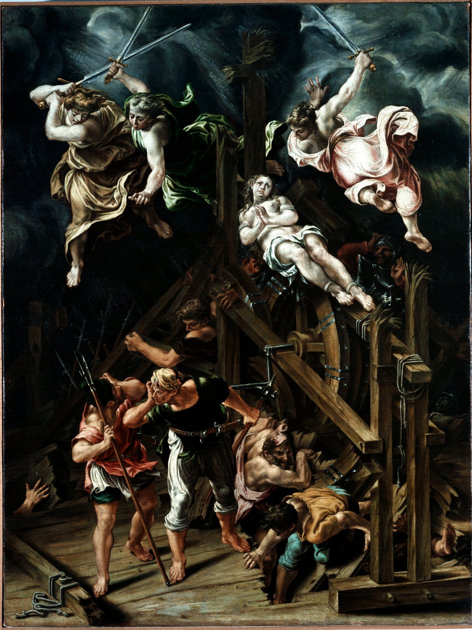 O martírio de Santa Catarina A virgem sofre o martírio da roda. Pintura de Lelio Orsi (1511-1587) 1560 aproximadamente. Sol. 88x66,5 cm Modene, Galleria Estense de Lelio Orsi da Novellara