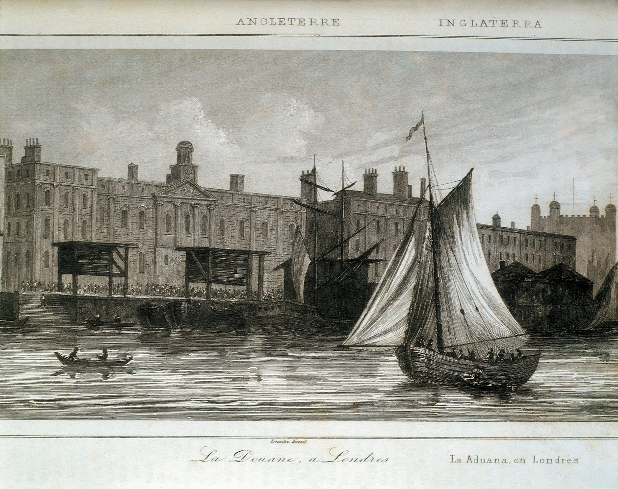 Alfândega de Londres no Rio Tamisa, Inglaterra (gravura) de Lemaitre