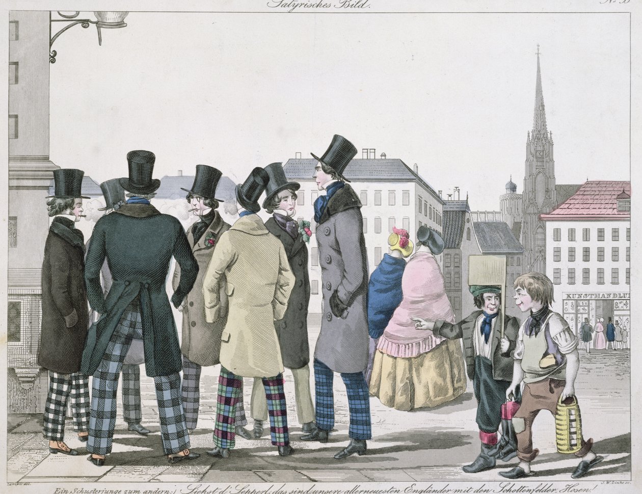 Homens elegantes vestindo calças escocesas nas ruas de Viena, gravadas por JW Linke, c.1840 de Lempis