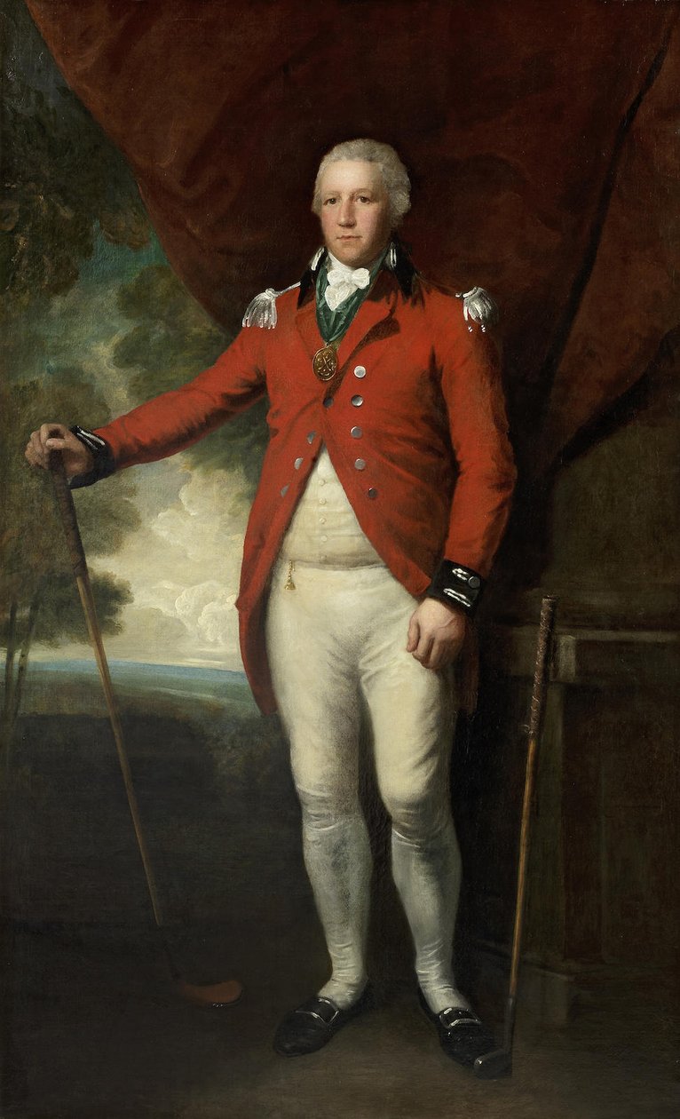 Retrato, de, Henry, Callender, ficar, cheio-comprimento, em, um, paisagem, em, a, traje, de, capitão geral, de, a, Blackheath, golfe, clubnn de Lemuel Francis Abbott