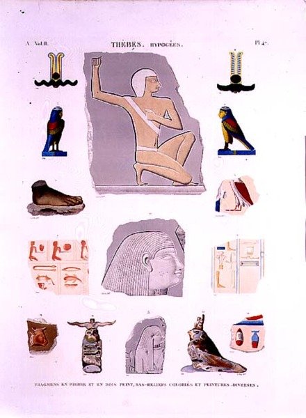 Ilustrações de relevos pintados em pedra e fragmentos de madeira Hypogees, placa 47 de Tebas do Vol II de "Descrições do Egito", gravadas por LeRoy de Lenoir (after)