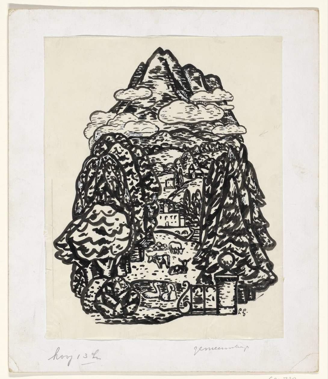 Paisagem montanhosa com árvores e gado de Leo Gestel (signed by artist)