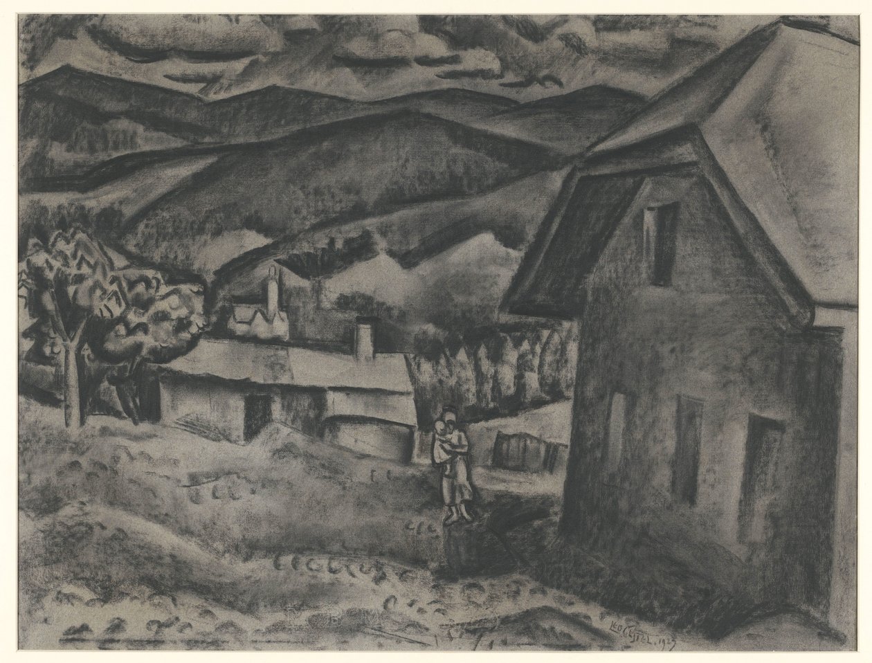 Paisagem com mulher com criança em frente de uma casa de Leo Gestel (signed by artist)