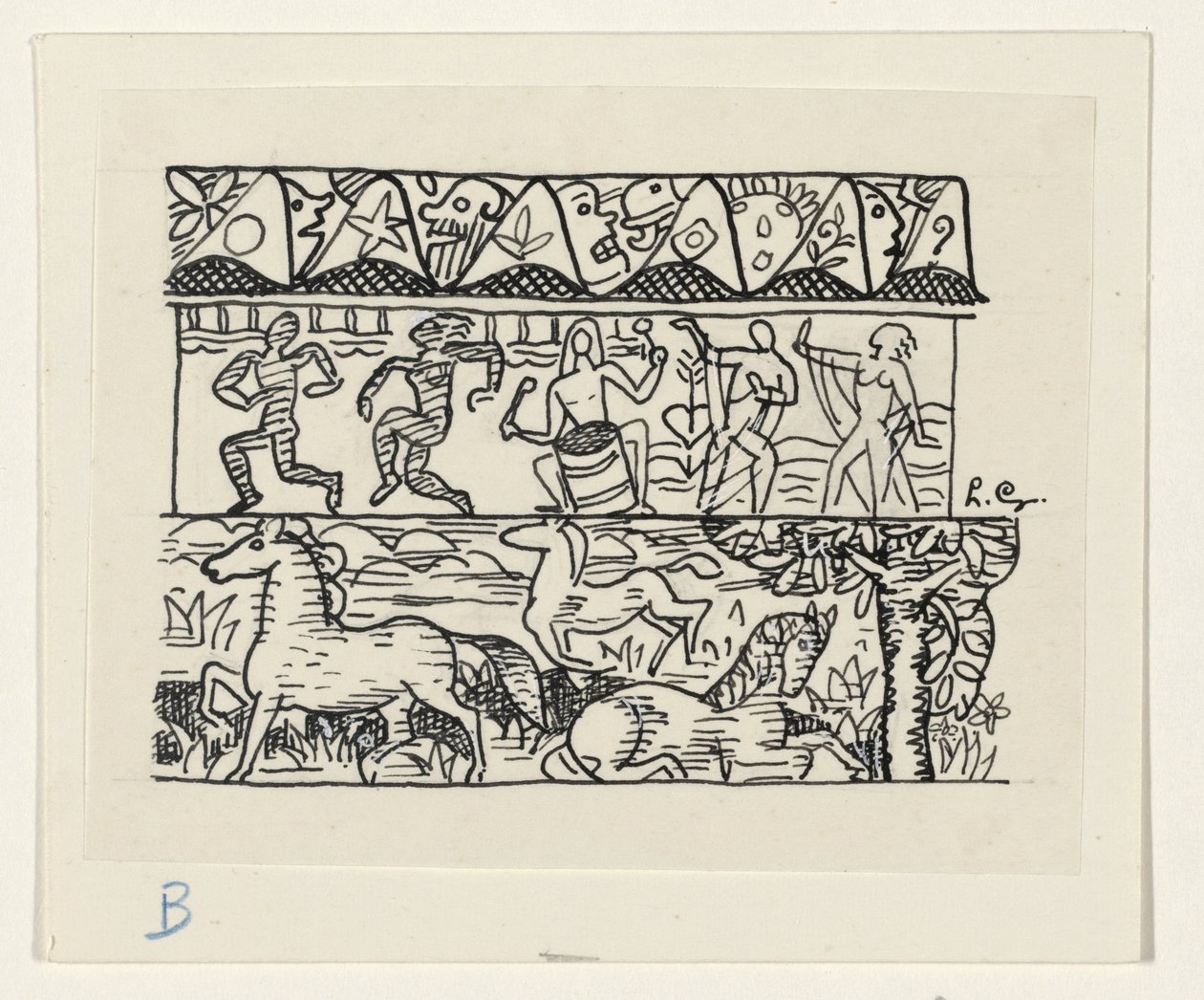 Cavalos, pessoas que dançam e máscaras de Leo Gestel (signed by artist)