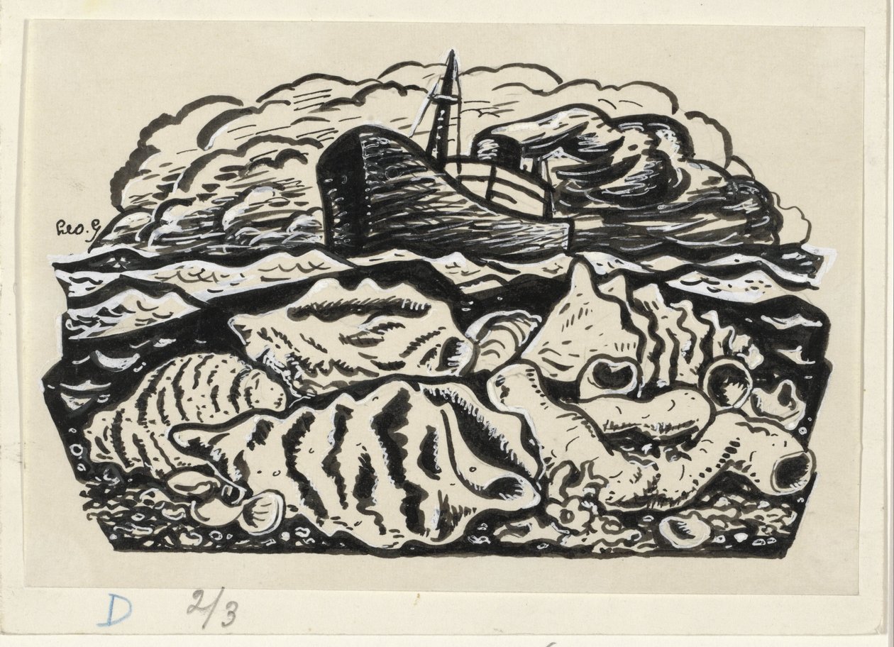 Navio a vapor no mar com conchas na praia de Leo Gestel (signed by artist)
