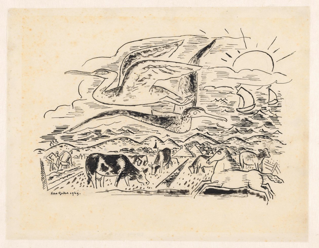 Dois pássaros voam sobre uma paisagem com gado de Leo Gestel (signed by artist)