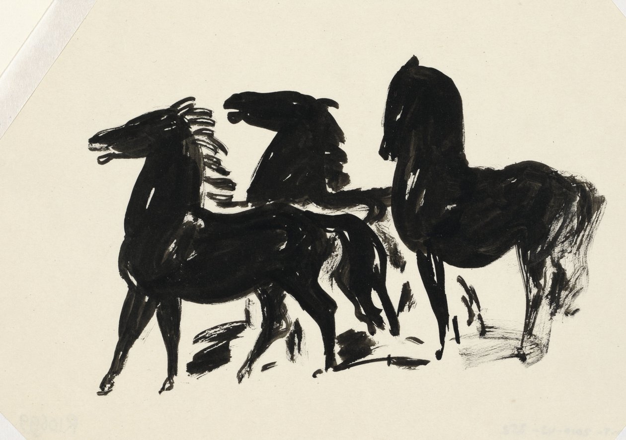 Três cavalos pretos de pé virados para a esquerda de Leo Gestel