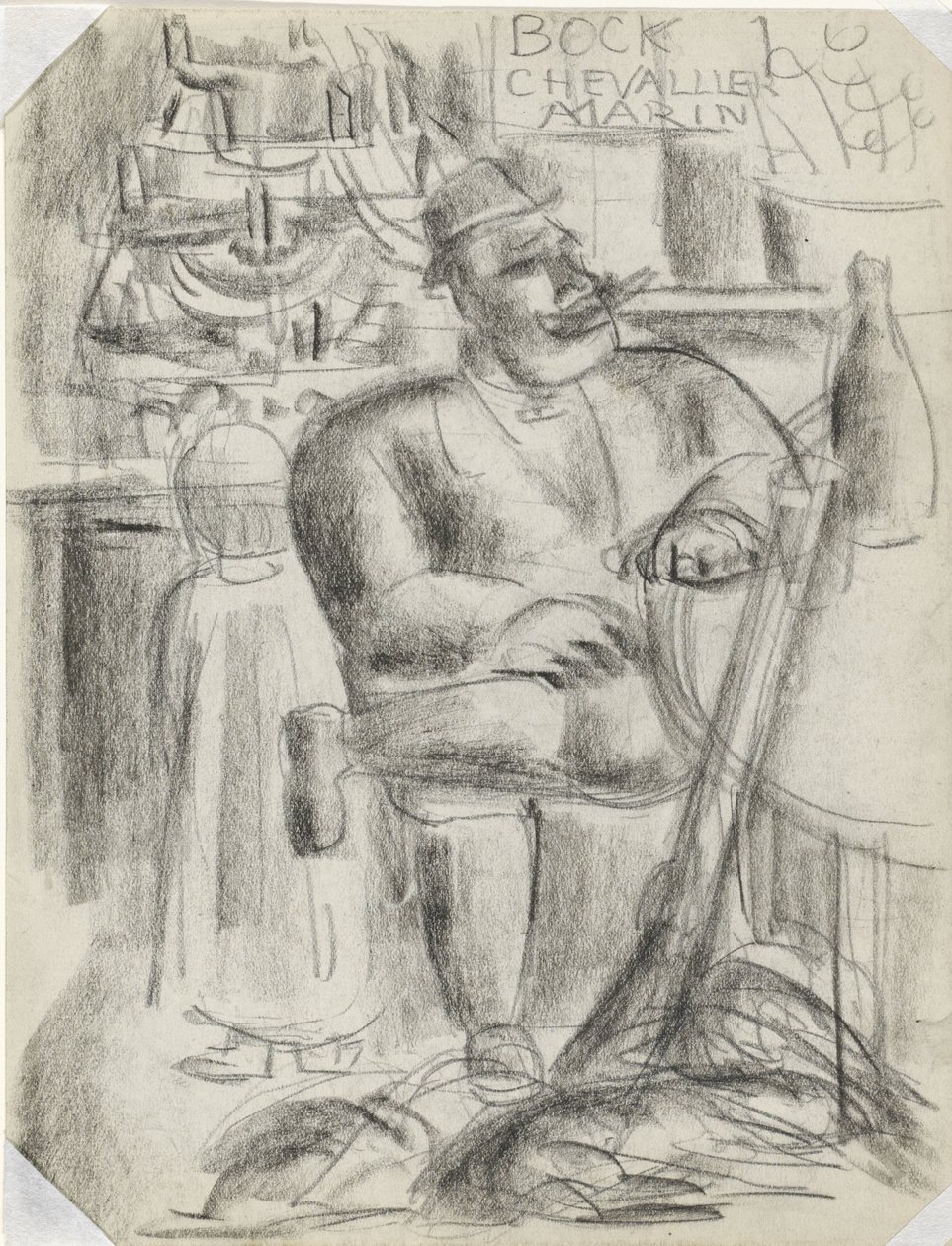 Caçador sentado à mesa de café, com giz preto Sem título de Leo Gestel
