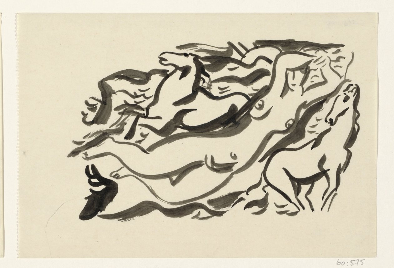 Mulher nua e dois cavalos no mar de Leo Gestel