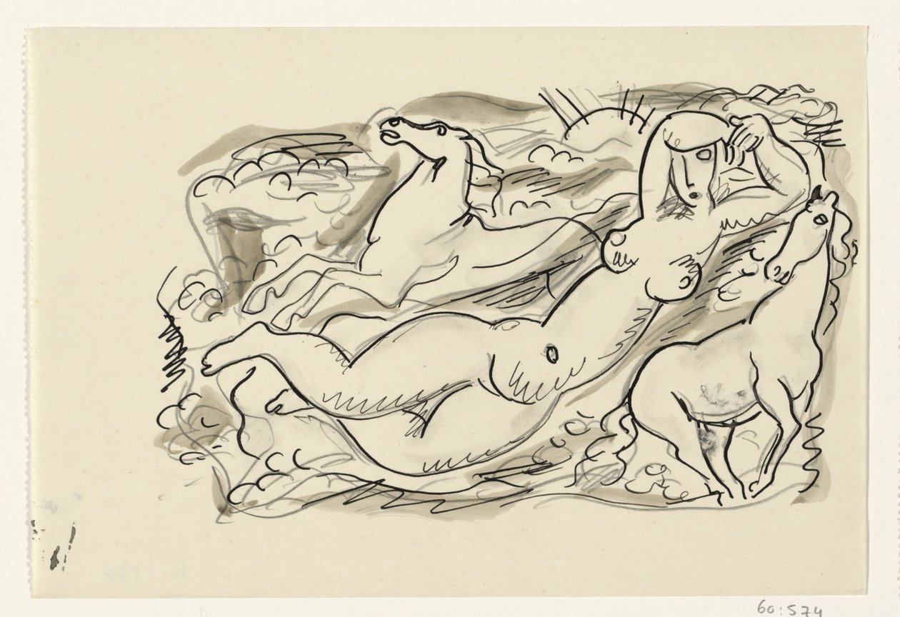 Mulher nua e dois cavalos no mar de Leo Gestel