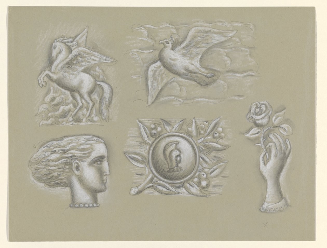 Pegasus, pomba, cabeça de mulher, brasão e mão com rosa de Leo Gestel