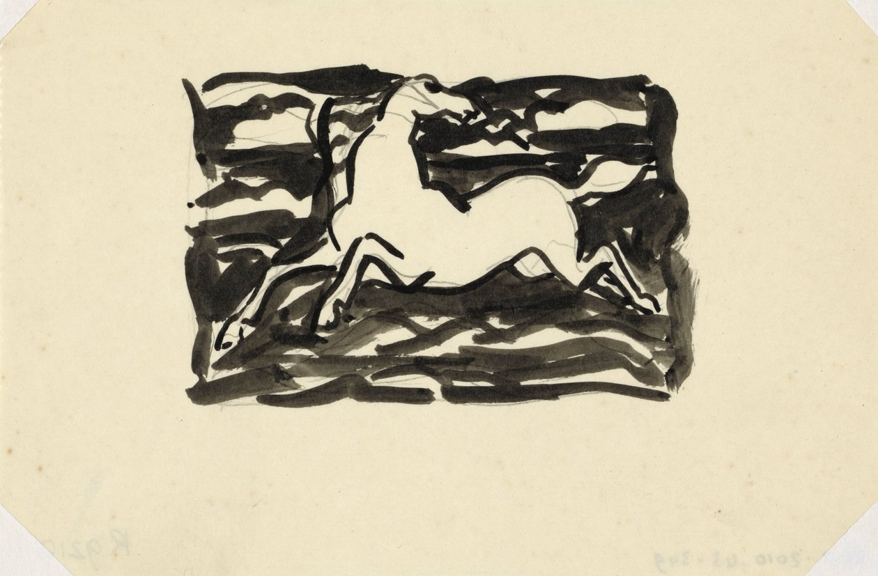 Cavalo saltador com a cabeça virada para trás num quadro com ondas no fundo.
Cavalo sem título de Leo Gestel