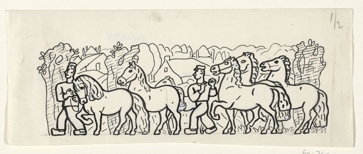 Dois fazendeiros conduzem seus cavalos por uma vila de Leo Gestel