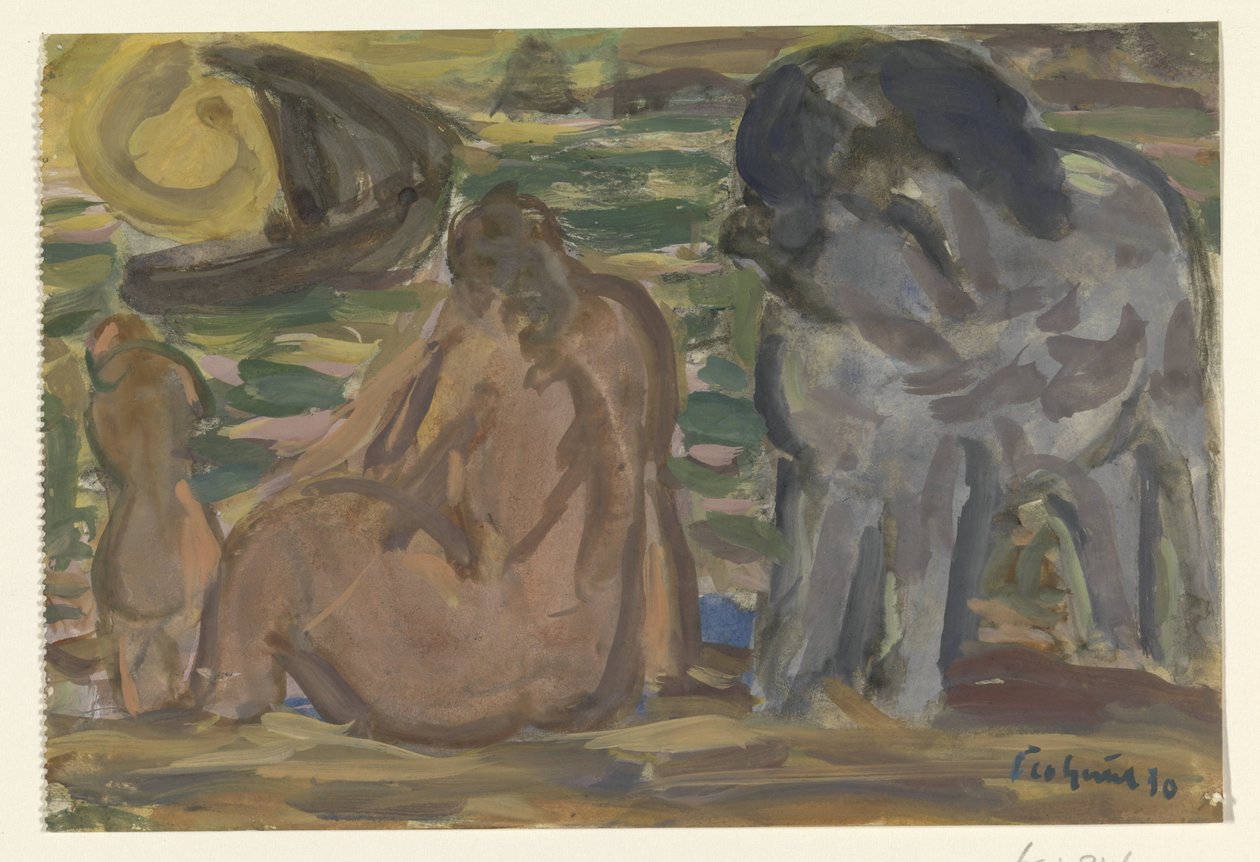 Duas figuras nuas e um cavalo junto ao mar de Leo Gestel