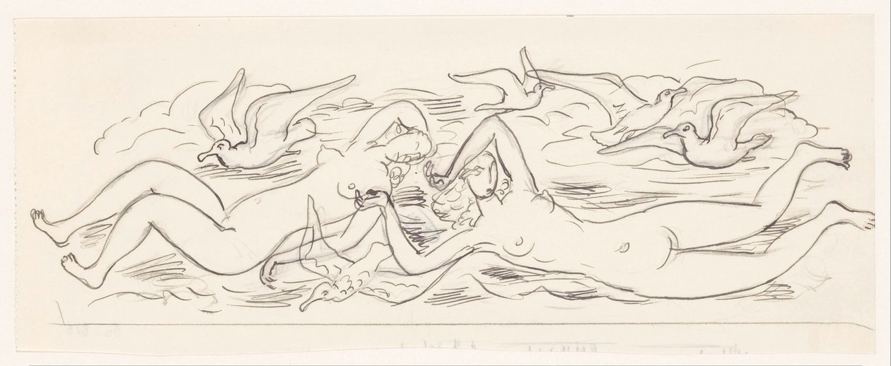 Duas mulheres nadadoras nuas e cinco gaivotas marinhas de Leo Gestel