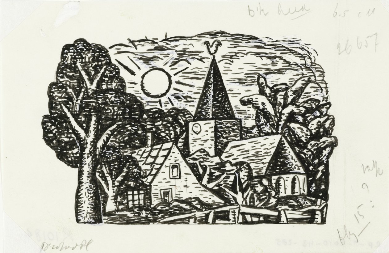 Vignette para biografia de Gestel do Prof. W. van der Pluym
Sem título (Vista da aldeia com igreja e sol, vinheta para biografia de Gestel do Prof. W. van der Pluym) de Leo Gestel