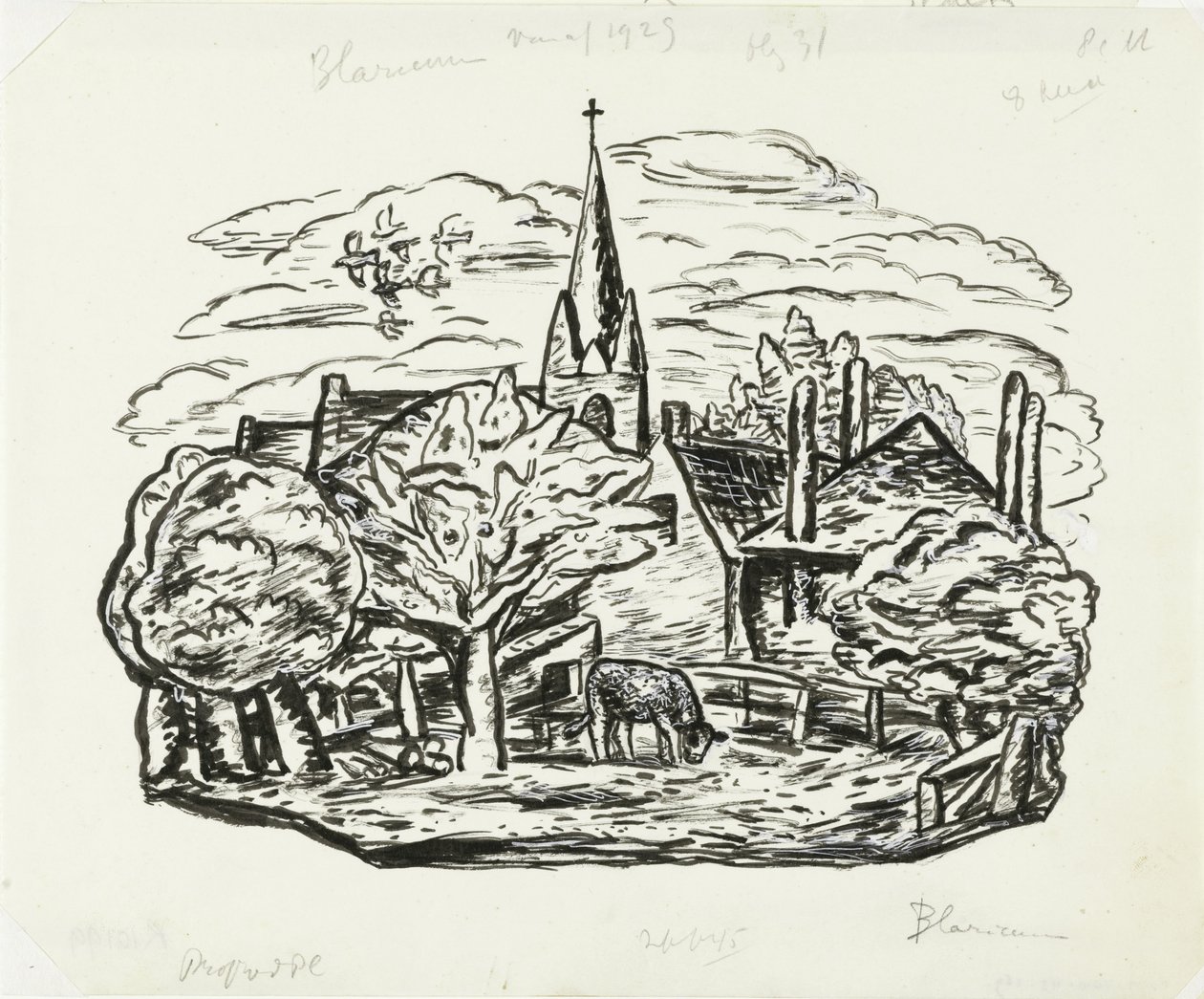 Vignette para biografia de Gestel do Prof. W. van der Pluym
Sem título (Vista da aldeia de Blaricum com vaca de pasto) de Leo Gestel