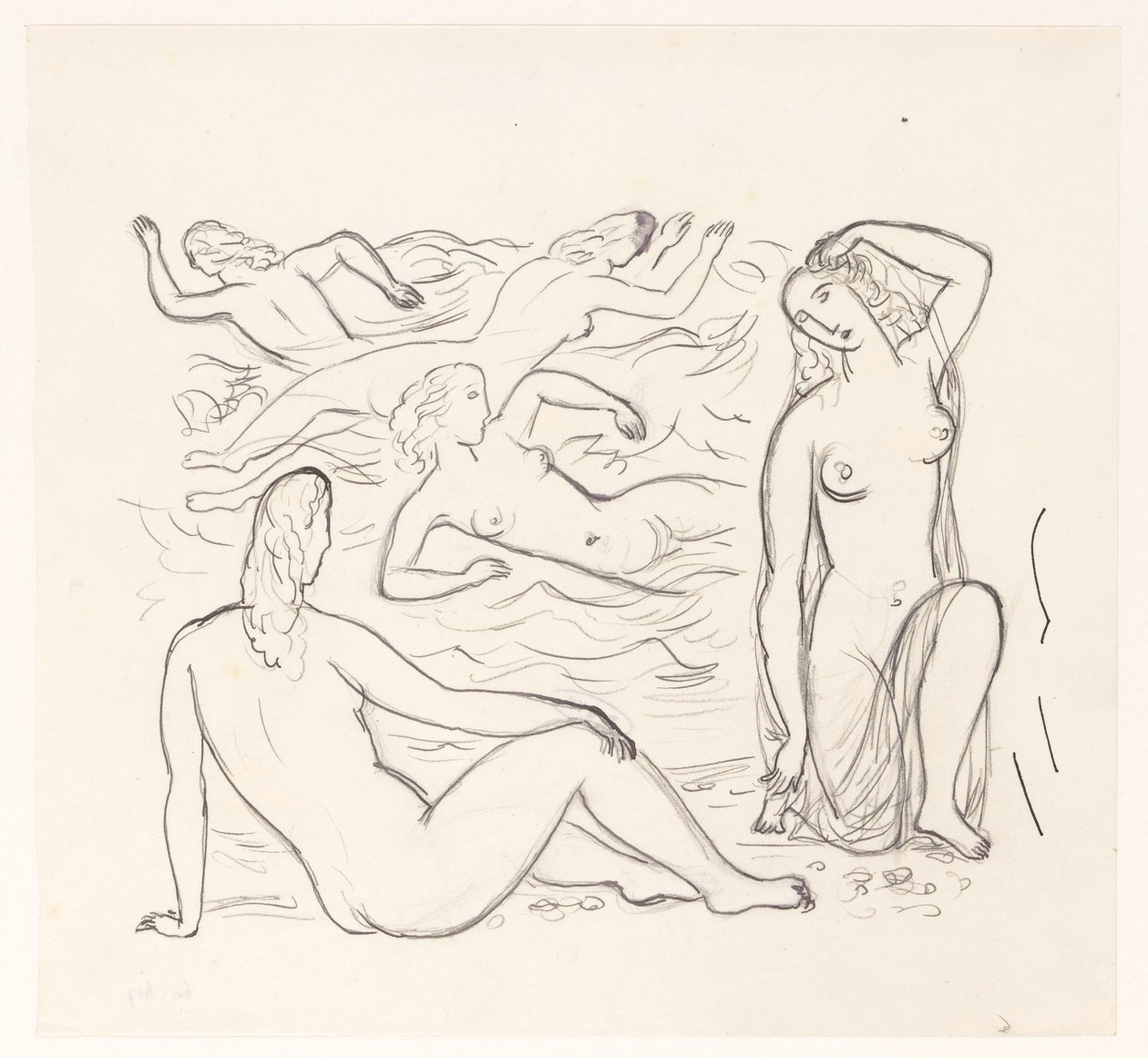 Cinco mulheres nuas, no surf ou na praia de Leo Gestel