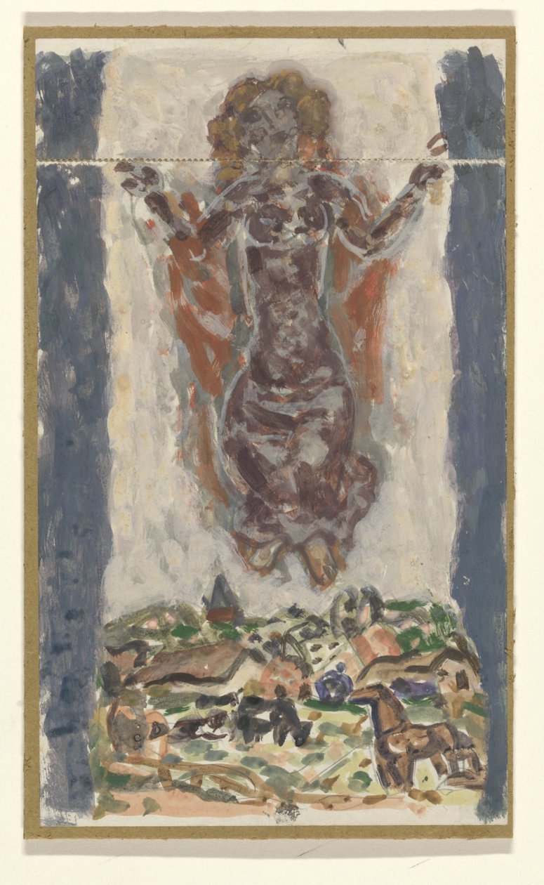 Mulher com os braços estendidos sobre uma paisagem de Leo Gestel