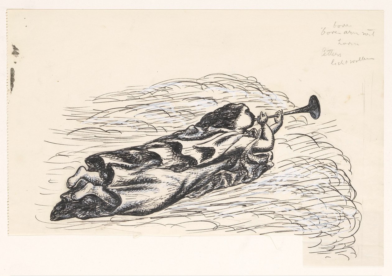 Mulher com trombeta, flutuando sobre as nuvens de Leo Gestel