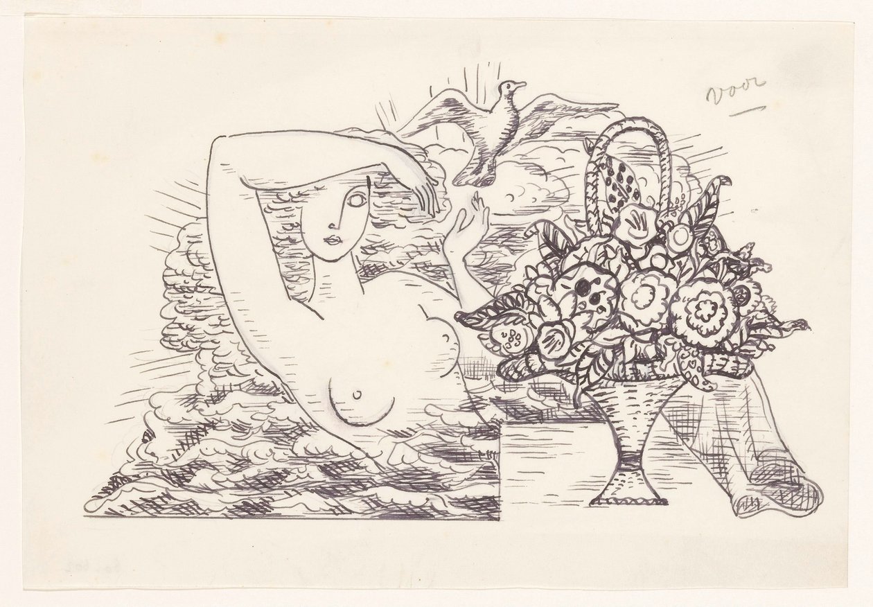 Fêmeas nuas em ondas libertando um pássaro, em primeiro plano um cesto de flores de Leo Gestel